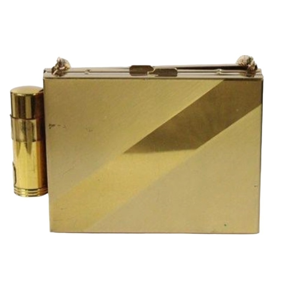Vintage Brass Powder, Lipstick, Comb Combo Compact / Purse with Snake Chain